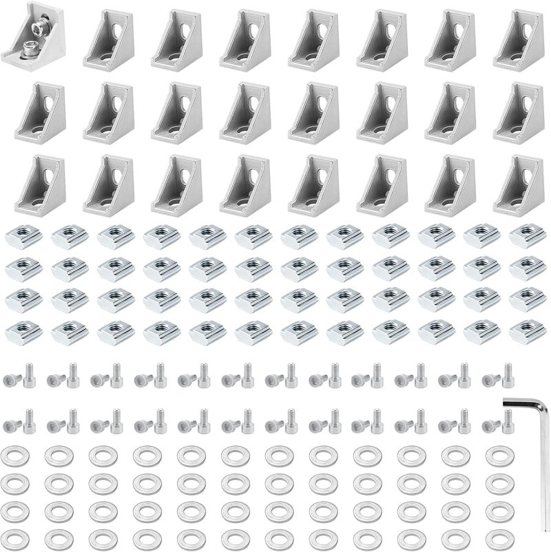PETOX 24 Set Silver 3030 Series Aluminum Extrusion Profile Connector, Includes 1pc Wrench, 24pcs 2835 Corner Bracket, 48pcs M6 T-Slot Sliding Nuts and Hex Screw Bolt for 20S Aluminum Rail Accessories - Image 1